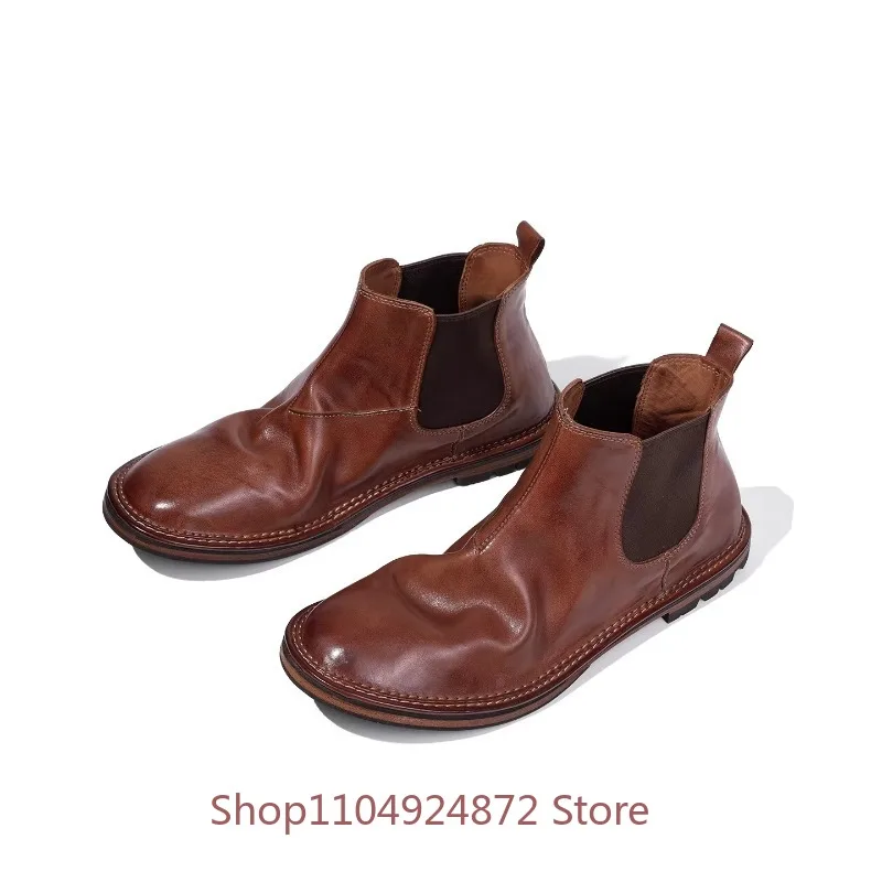 English Style Vintage Men Chelsea Boots Genuine Leather Ankle Boots Handmade New Style High-top Leather Shoes