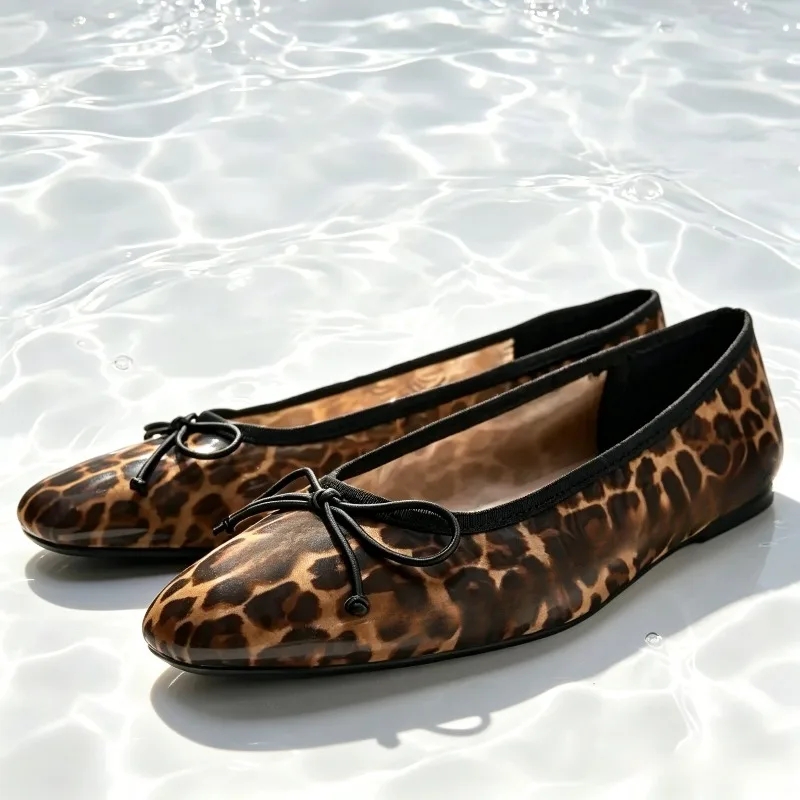 Sexy Leopard Print Brand Ballet Flat Shoes Women Fashion Round Toe Bow Design Mary Jane Shoes Elegant Cozy Shallow Casual Shoes