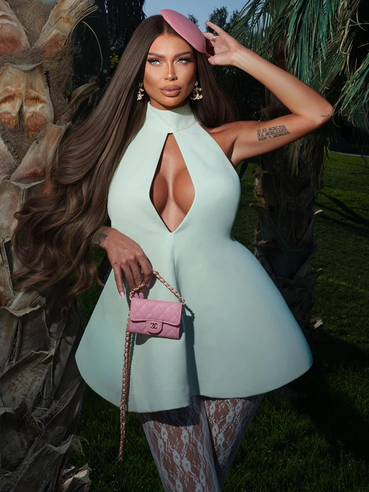 VC Daily Casual Mini vestido recortado de cuello alto verde menta y blanco con bolsillo para una elegancia fresca