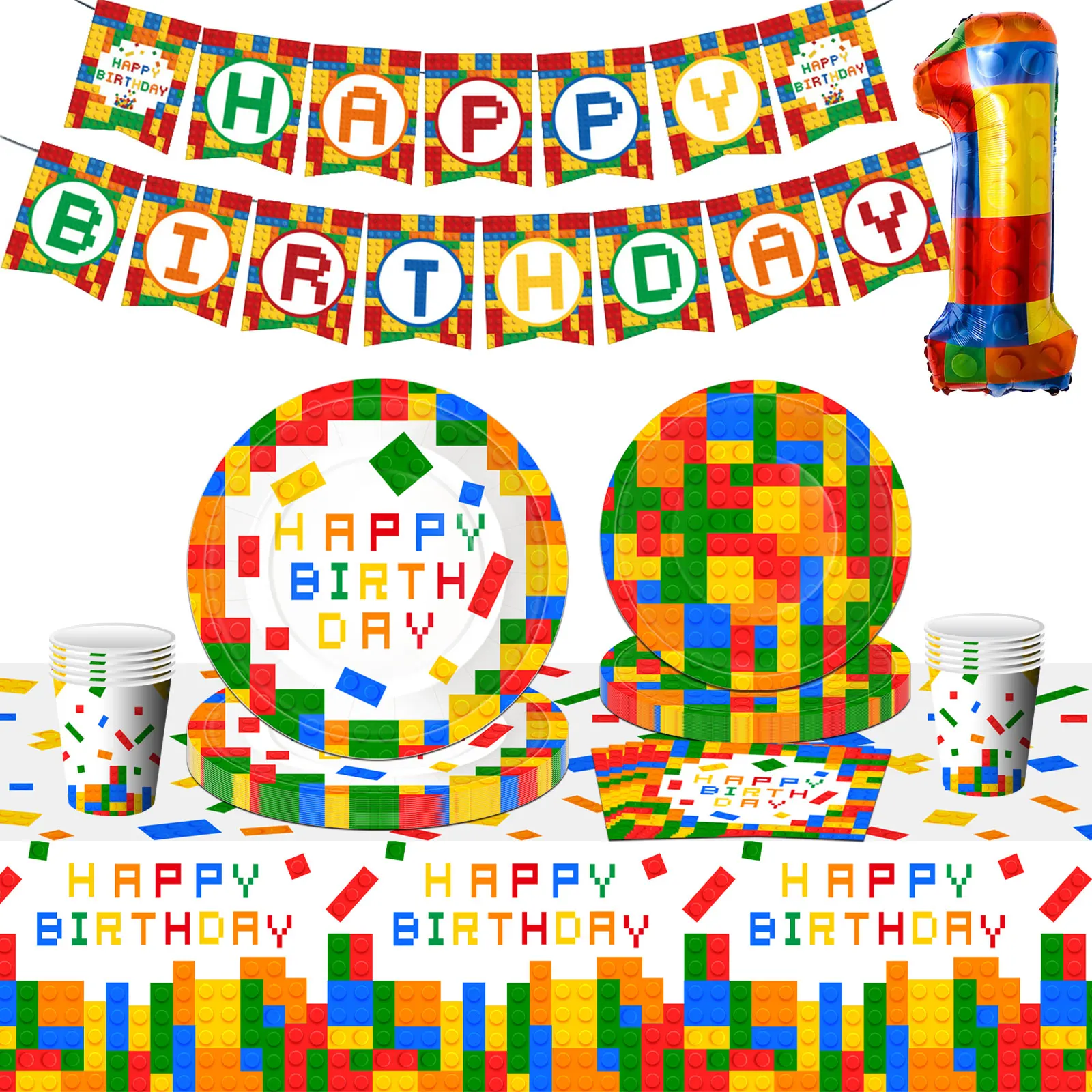Novos Blocos de Montar para Decoração de Aniversário, Artigos para Festa com Tema de Construção, Kits de Balões, Pratos, Toalhas de Mesa, Banners, Chá de Bebê