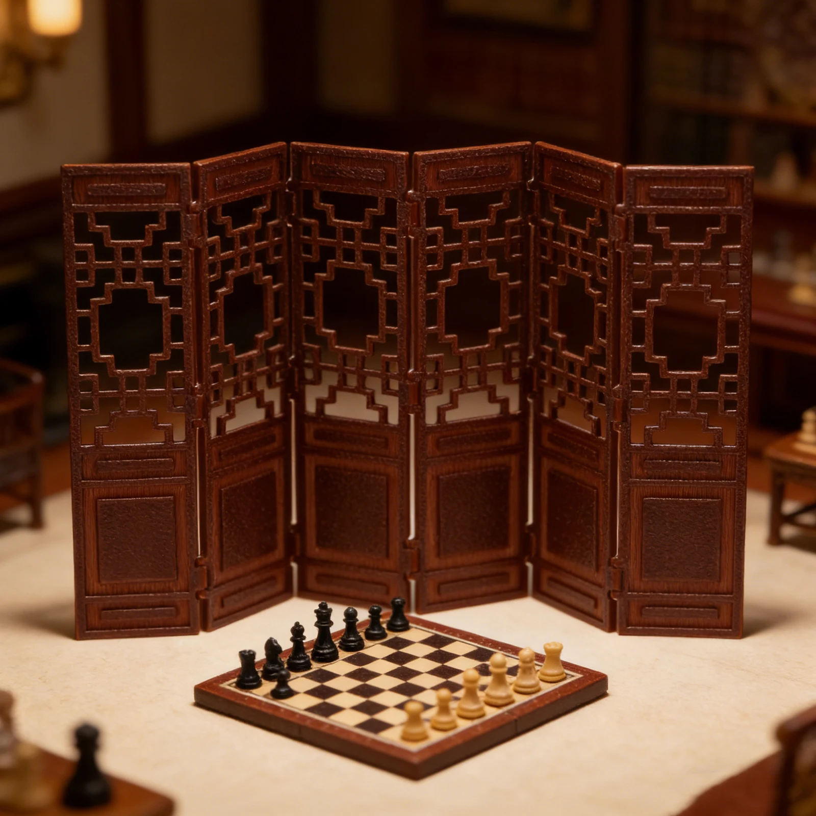 미니 중국식 접이식 스크린 브라운 1:20 스케일 미니어처 빈티지 데스크탑 장식용 룸 디바이더 스크린 패널 인형집 가구
