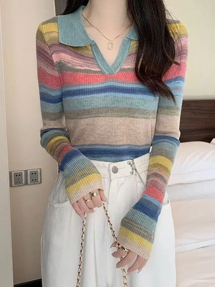 Women Y2K Autumn Knitted Sweater Female Fashion Long Sleeve Pullover Ladies Vintage Casual Lapel Knitwear Top