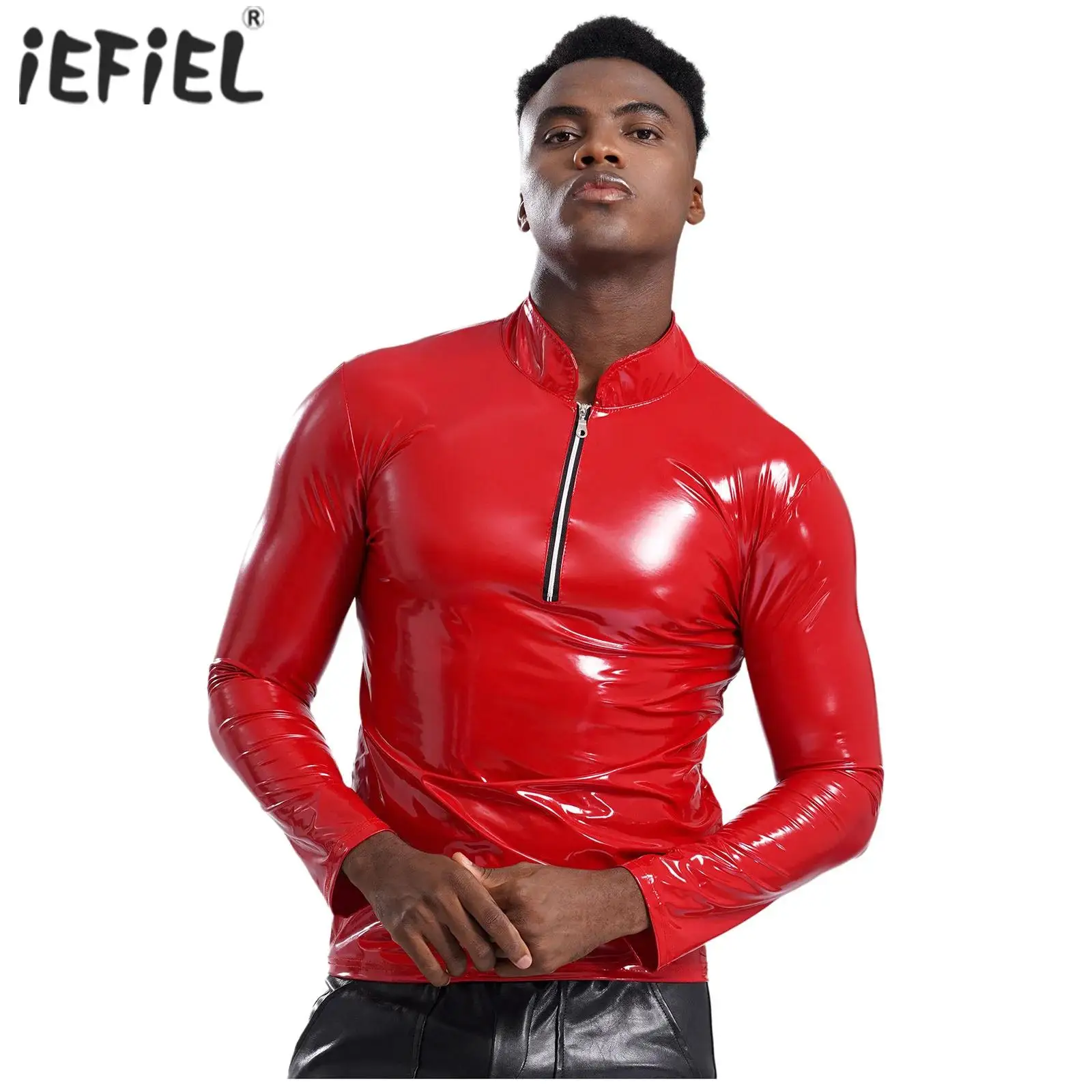 Mens Metallic Shiny Latex Coat for Male Clubwear Glossy PU Leather Latex Shirt Tops Mock Neck Long Sleeve Front Zipper Shirt