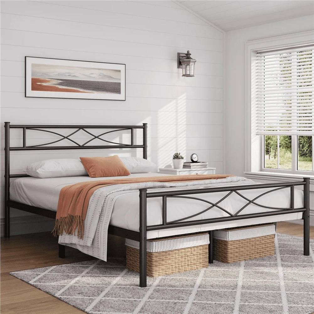 

Curved Metal Platform Bed Full Size with Slats Sturdy Frame No Box Spring Required Underbed Storage Adult Bedroom Furniture