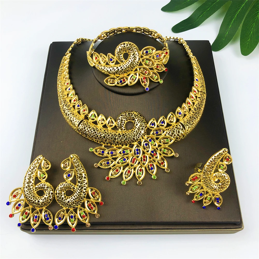 

Classic Design Gold Plated Jewelry Set For Women Wide Necklace Five Petals Flower Drop Earrings Ring Bracelet Nigeria Trending