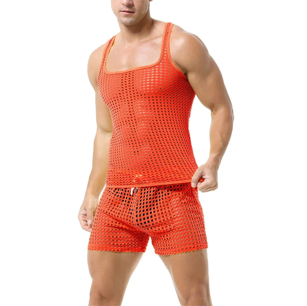 Sexy Mens Clothes Set Fishnet Hollow Out Tank Tops Sleeveless T-shirts Vests With Transparent Mesh Shorts Suit Male Undershirts