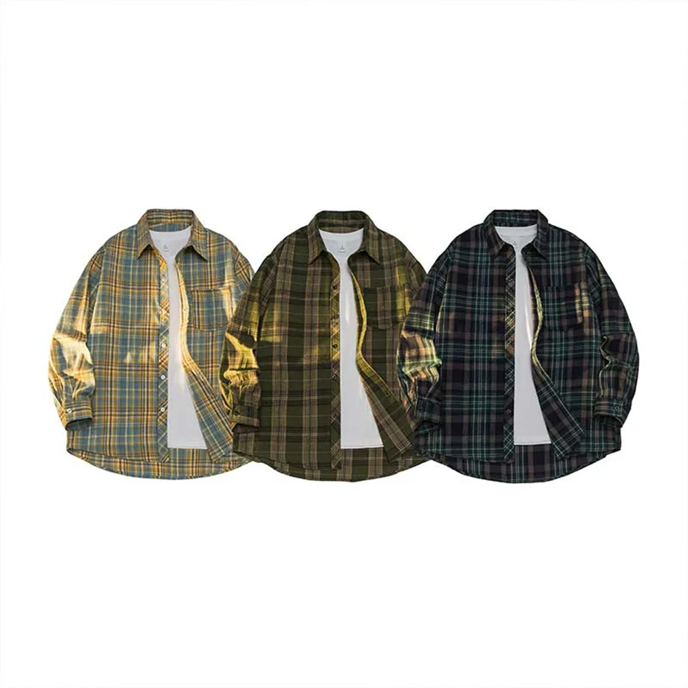 

Мужская клетчатая рубашка из грубого хлопка с длинными рукавами, осенняя свободная повседневная куртка, мужская модная клетчатая рубашка с принтом, уличная одежда