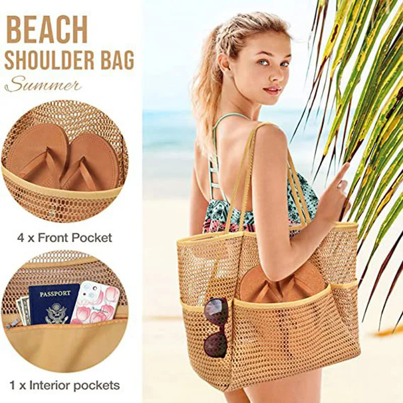 

Fashion Nylon Hollow Out Totes Women Large Capacity Shoulder Beach Bags Handmade Weave Vacation Handbag Travel Pouch Bolsa