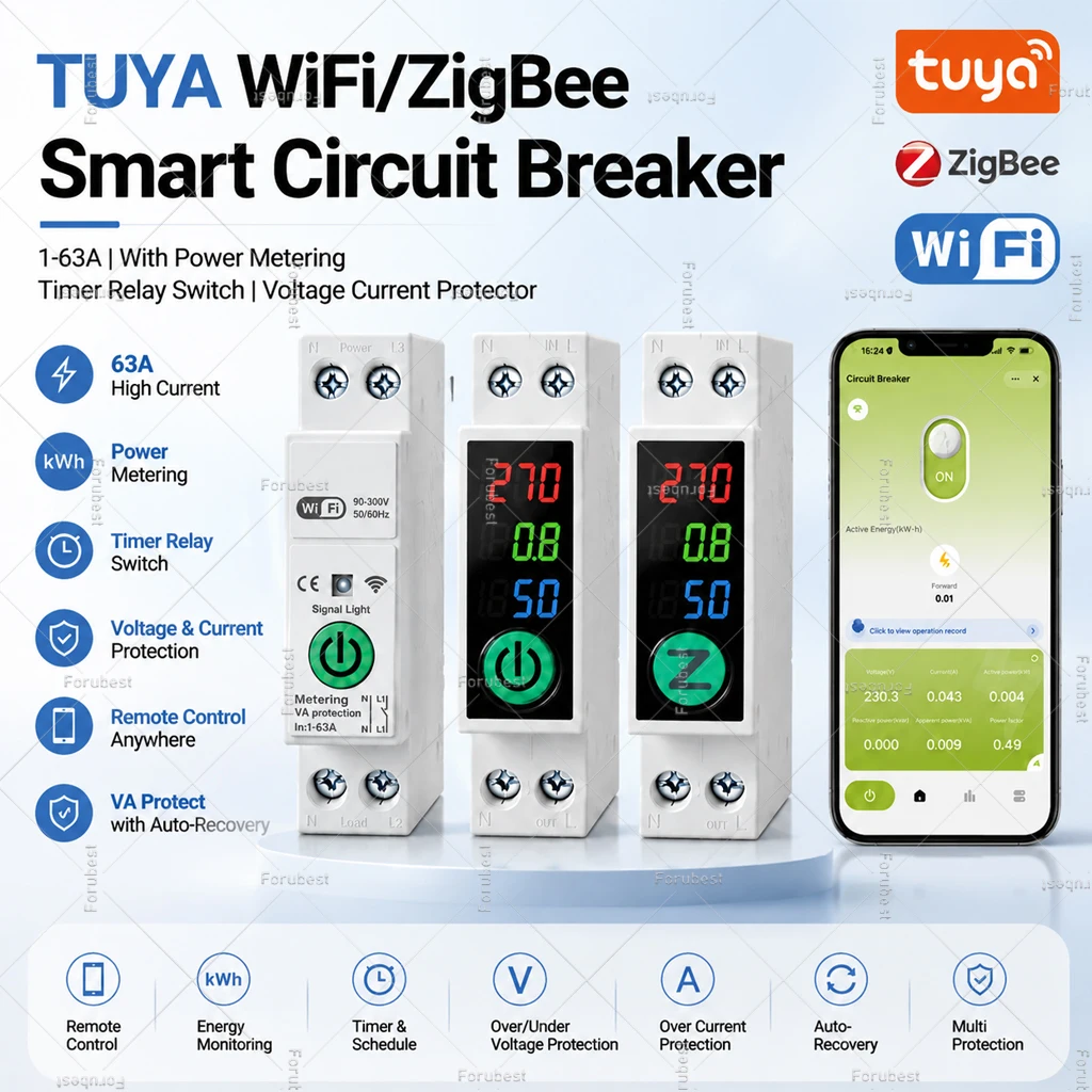 Tuya WiFi/Zigbee Smart Circuit Breaker 63A Relay Switch With Metering Kwh Timer Voltage Current Protect Module Smart Life Alexa