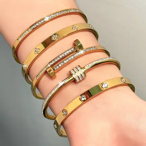 Titanium Steel Stacked Bracelet Couple's Shiny Zircon Inlaid Stainless Steel Bangles Gold Color Female Jewelry Gift