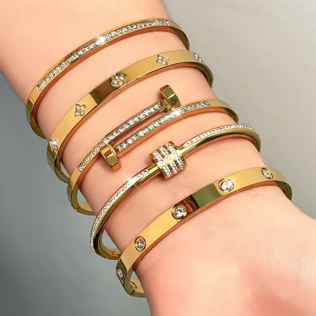 Titanium Steel Stacked Bracelet Couple's Shiny Zircon Inlaid Stainless Steel Bangles Gold Color Female Jewelry Gift