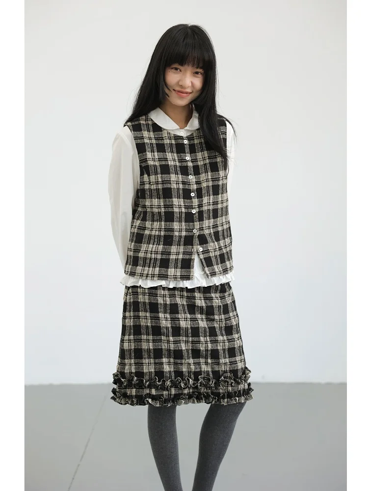 

een Town Slow Steng японский шерстяной жилет в клетку в стиле ретро, двусторонняя одежда, обычная длина, круглый Ne, застежка на одной пуговице