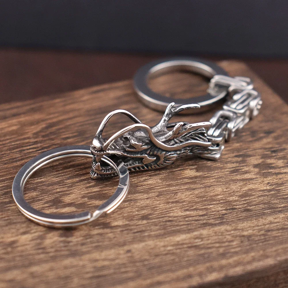 Stainless Steel Retro Design China Dragon Emperor Chain Keychain Men\'s Car Keyring Trendy Nordic Viking Dragon Head Jewelry Gift