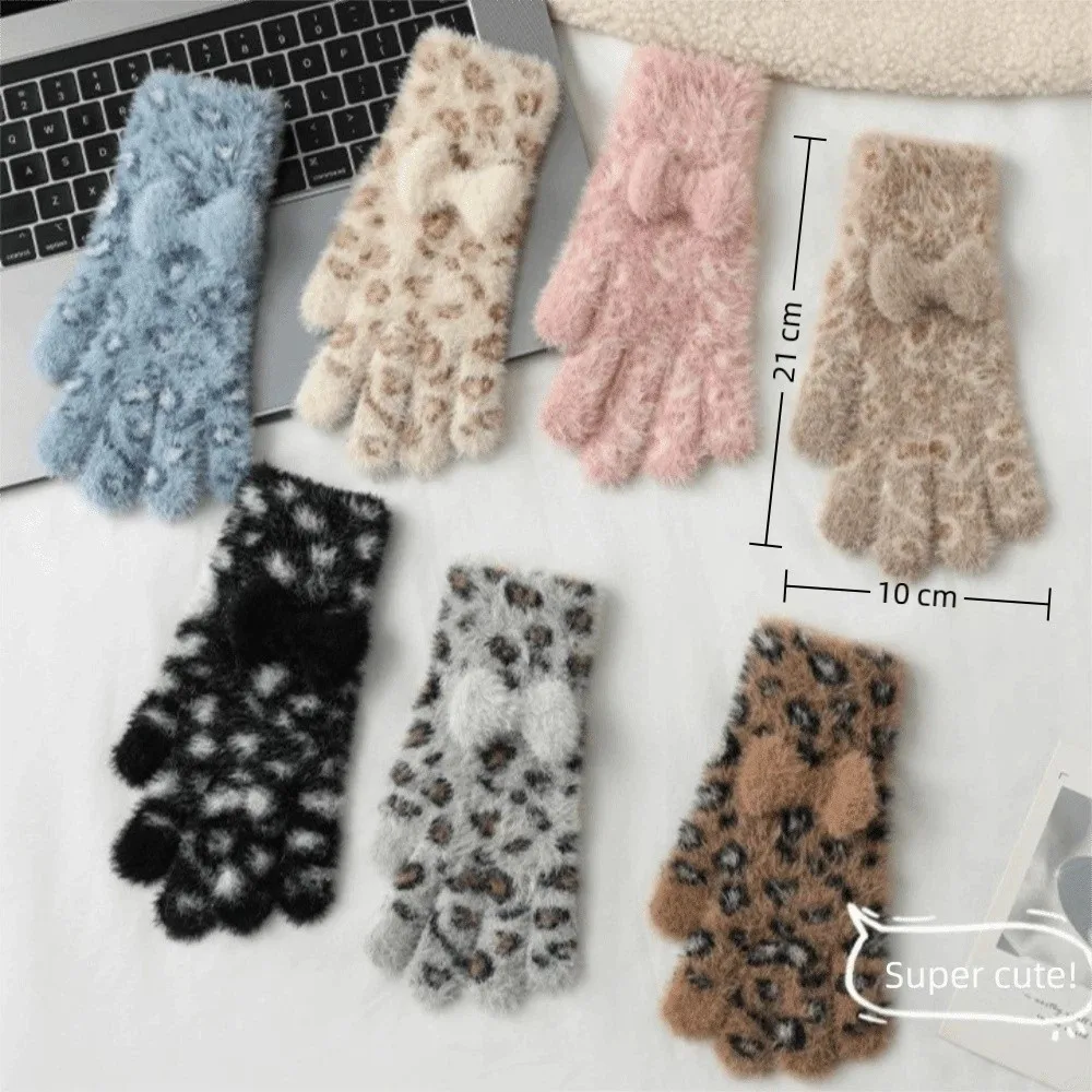 أزياء المنك المخملية خمسة أصابع قفازات ليوبارد طباعة قفازات مقاومة للبرودة الدفء الشتاء القفازات النساء #6