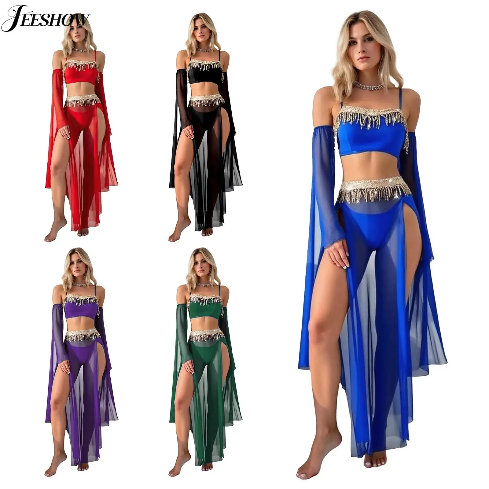 Womens Belly Dance Outfits Sequin Tassel Spaghetti Straps Crop Top with High Slit Sheer Mesh Skirt and Thong Pole Dance Costume