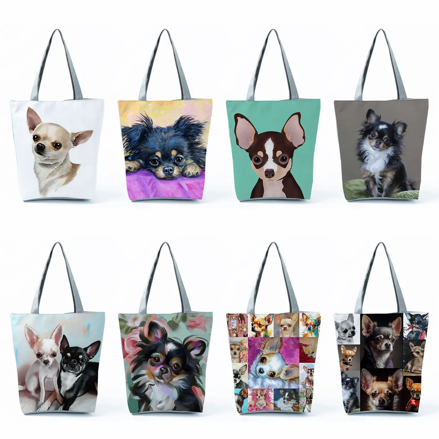 Cute Chihuahua Print Shopping Bags Foldable Tote Female Cartoon Animal Dog Large Capacity Shoulder Bags Groceries Women Handbags