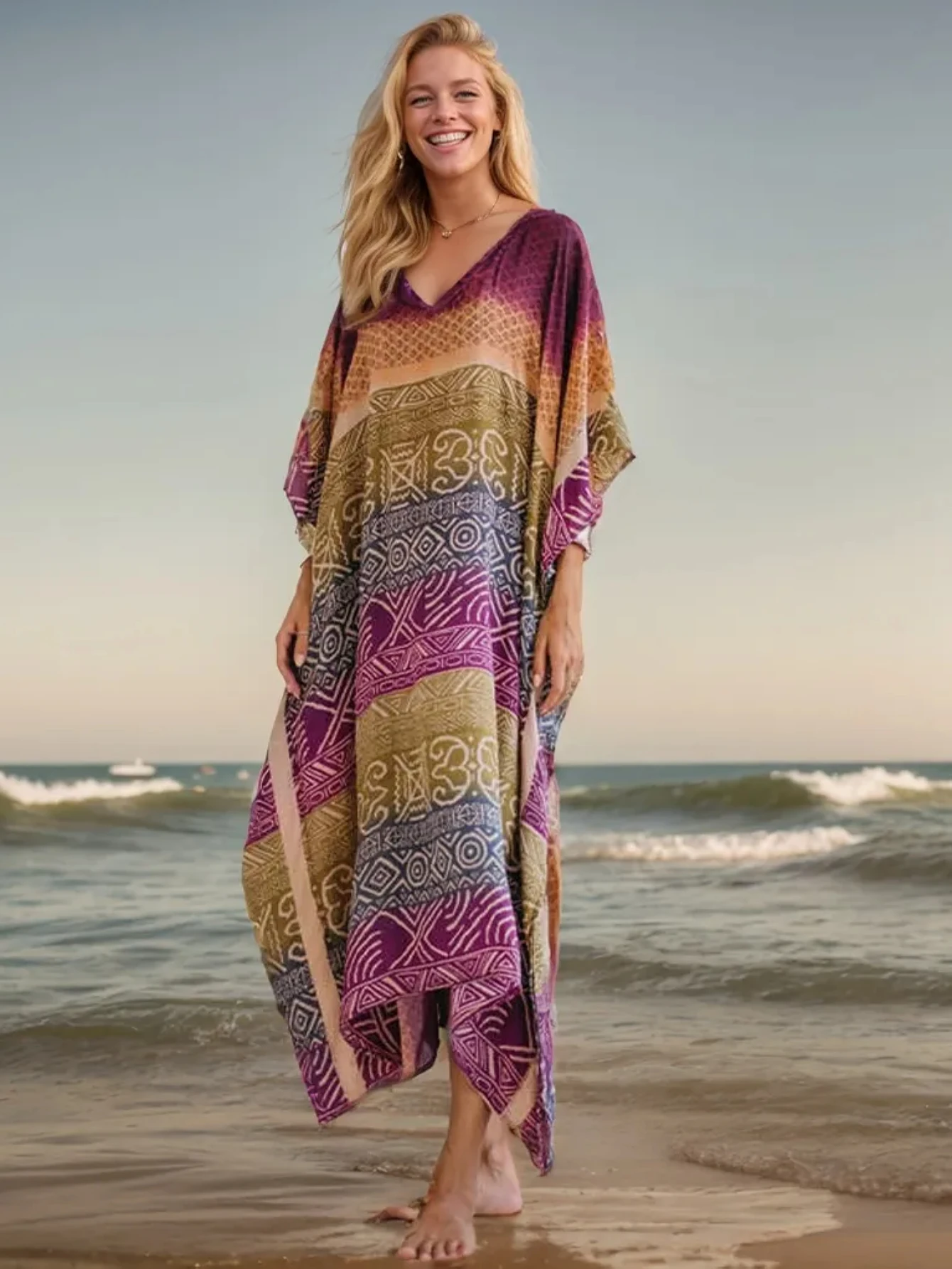 

Платья-кафтан для женщин, купальный костюм больших размеров, платье с v-образным вырезом и крыльями летучей мыши, свободный крой, марокканский кафтан, платья mumu