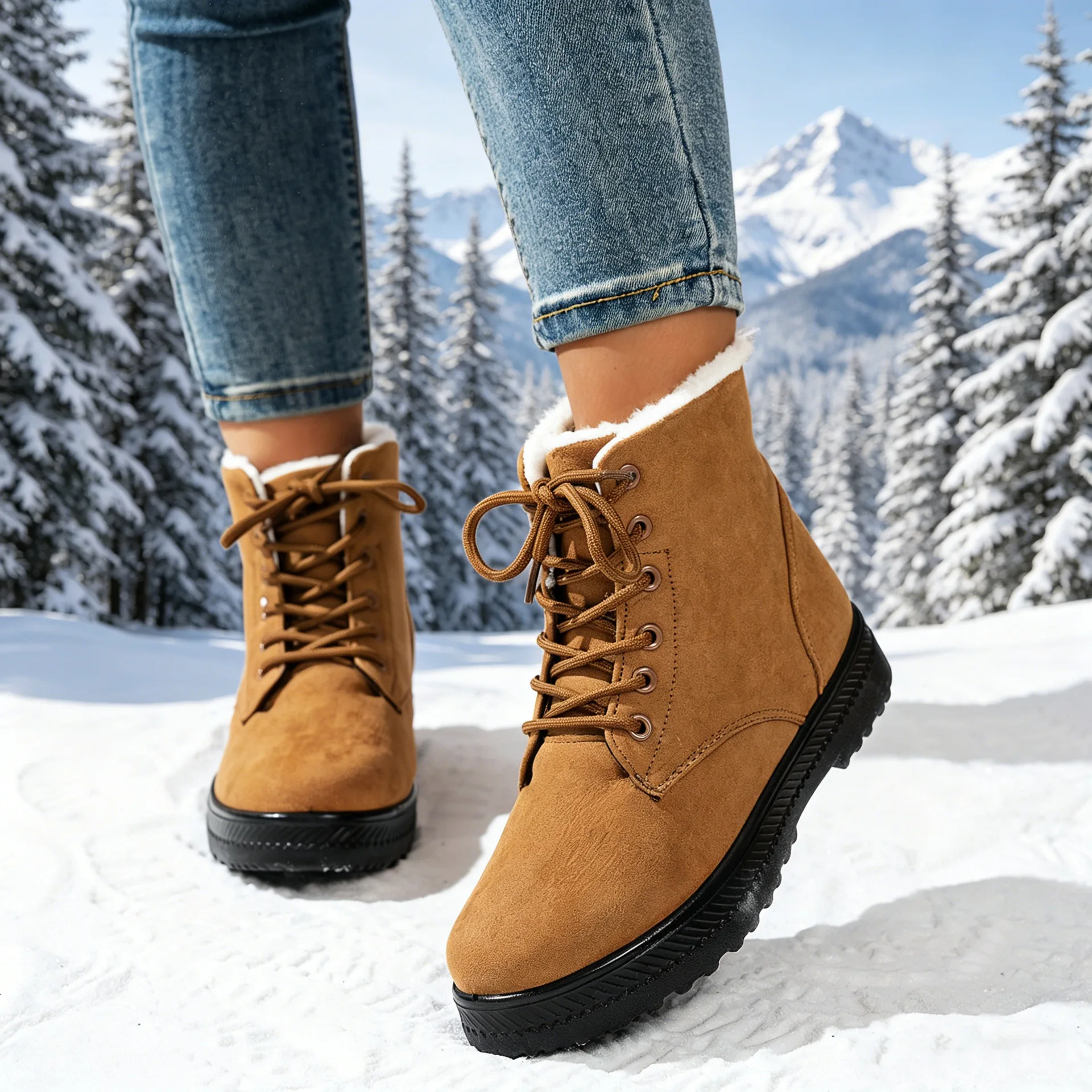 Damen Winter Schnür-Schneestiefel mit Wildleder-Optik, Fleece-Futter, Rutschfeste Dicke Sohle, Warme Knöchelhohe Kampfstiefel – Detail 13