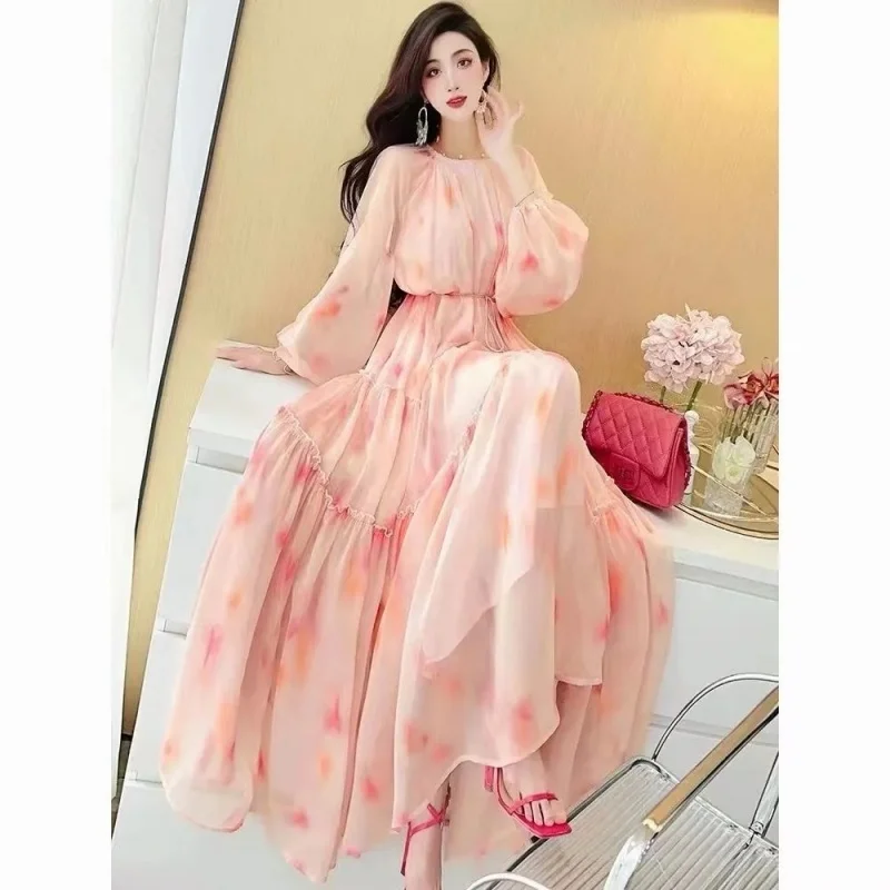 French Chiffon Floral Dress For Spring And Summer 2026 Gentle And Slimming Women, Fashion Elegant Long Dress Vacation w1619