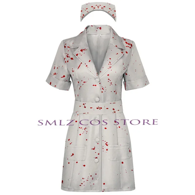❤ ❤ 2025 zumbi enfermeira cosplay uniforme anime silent hill 2 traje mancha de sangue vestido chapéu conjunto festa de halloween role play terror novo ★ ☆