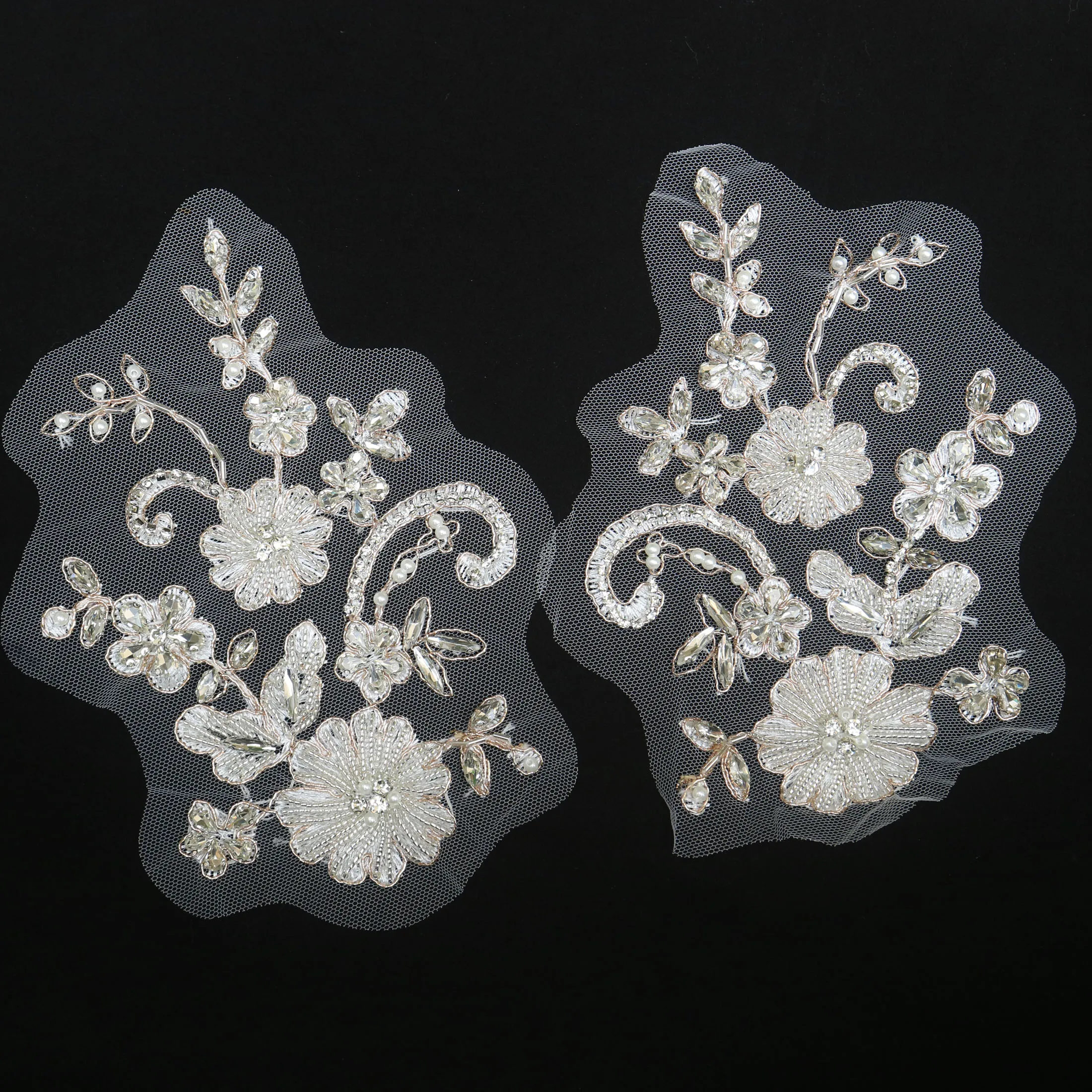 2 Stück/Paar Luxuriöse Glas-Strass-Perlen-Applikationen für Kleidung, DIY-Applikationen zum Aufnähen, Blumenapplikationen für Hochzeitskleider, Stickerei – Detail 16