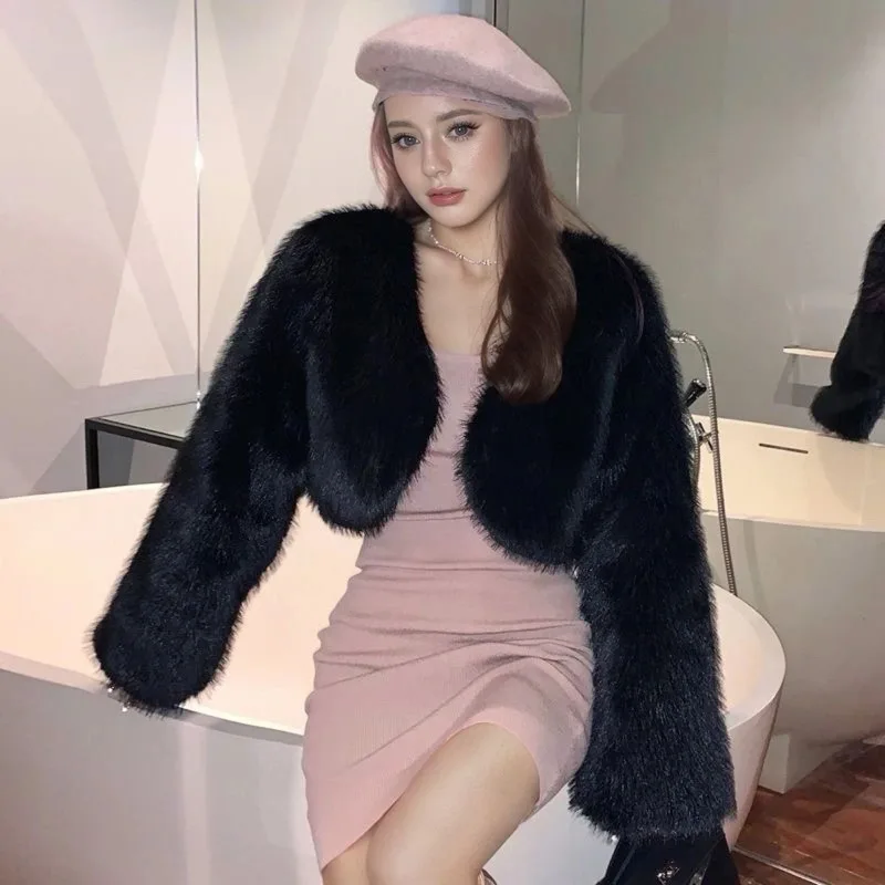 Fashion Y2k Fur Cardigan Cropped Jacket Cut Loose Fall Winter Warm Faux Fur Coat Fluffy Long Sleeve Outerwear Office Lady Jacket