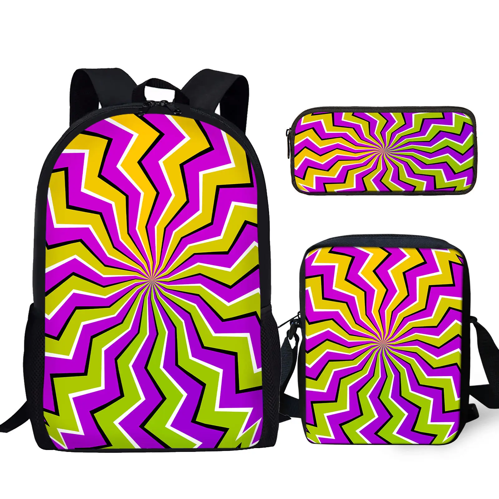 

3D Colorful Psychedelic Printed 3Pcs/Set Student Campus Bookbag with Lunch Bag Pencil Bag Boys Girls Casual Storage Backpack