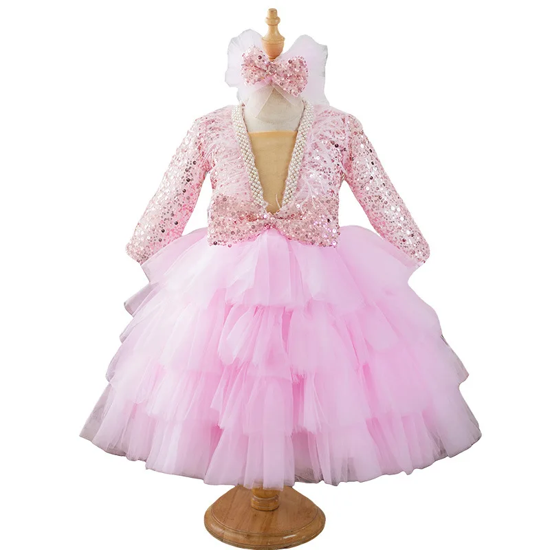 Girls Performance Dress for Piano Recital & Catwalk V-Neck Sequin Mesh Tutu with Elegant Long Sleeves Flower Girl Princess Gown