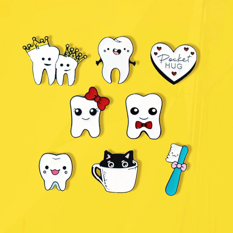 Pins Tooth Crown Toothbrush Cartoon Metal Badge Punk Clothing Lapel Pins Jewelry Accessories Gift Cute Teeth Enamel Pin Bow Hair