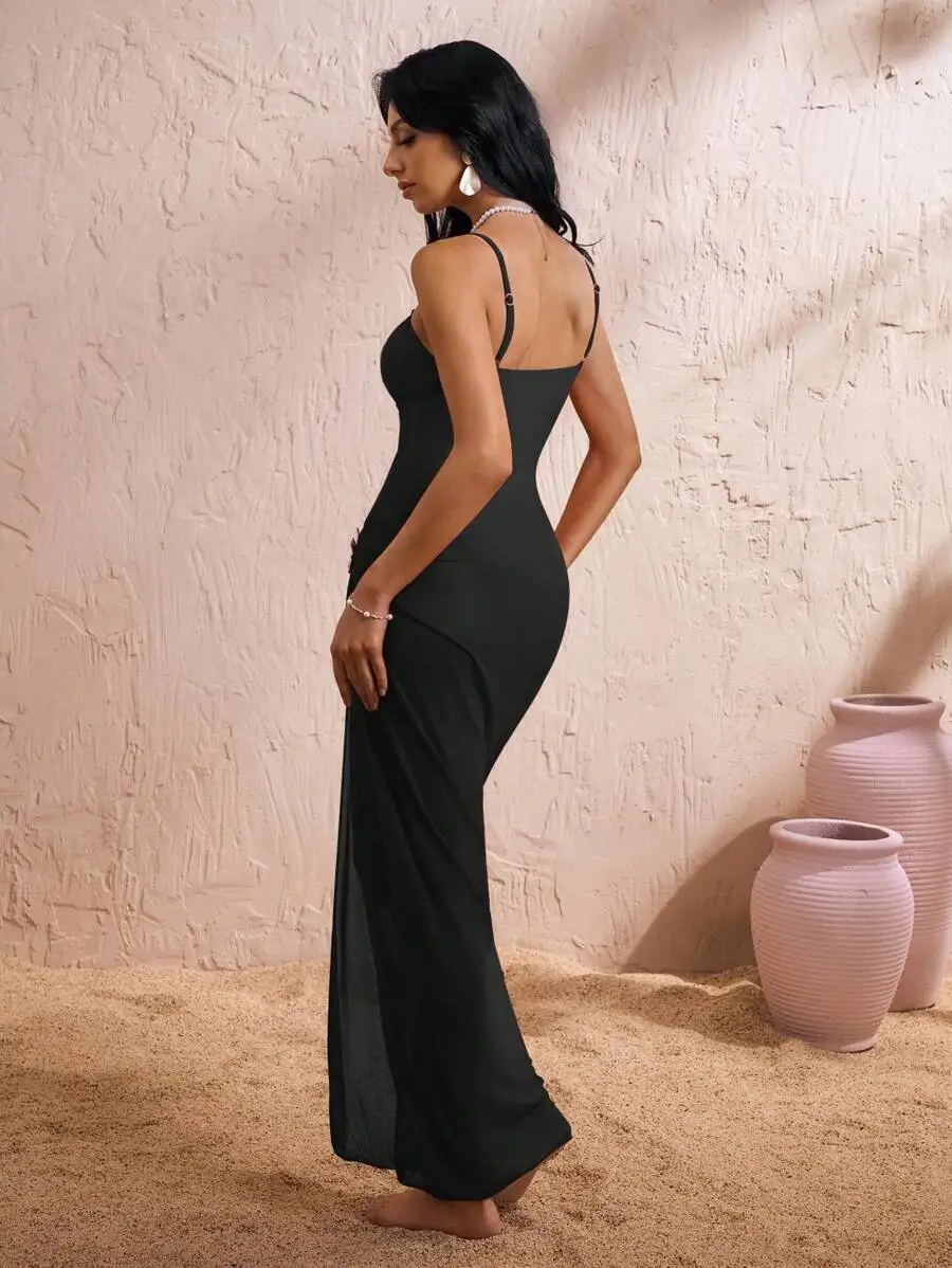 

Women Solid Color Spaghetti Strap One Piece Swimsuit With Long Skirt Chic Holiday Swimwear