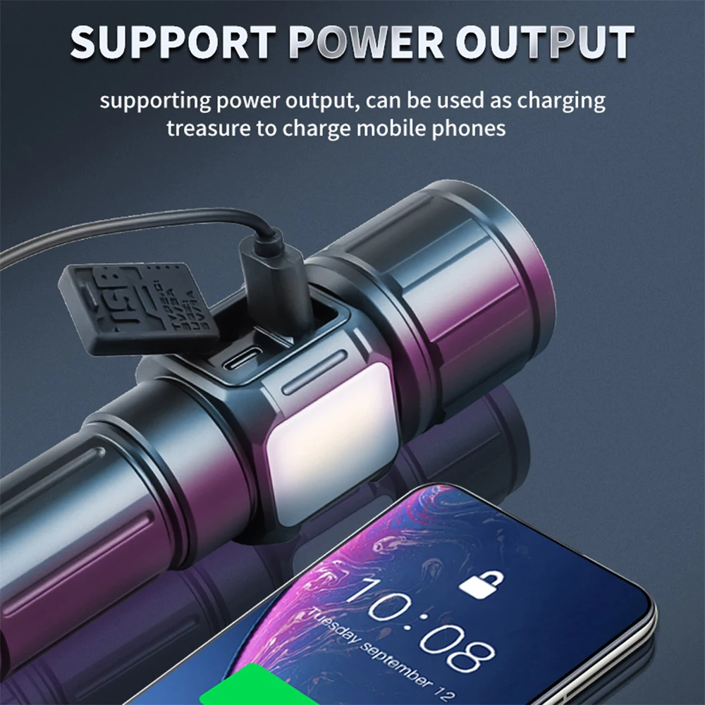 Powerful Long Range Tactical Torch High Power LED Flashlight USB Rechargeable Camping Waterproof Lantern With COB Side Light