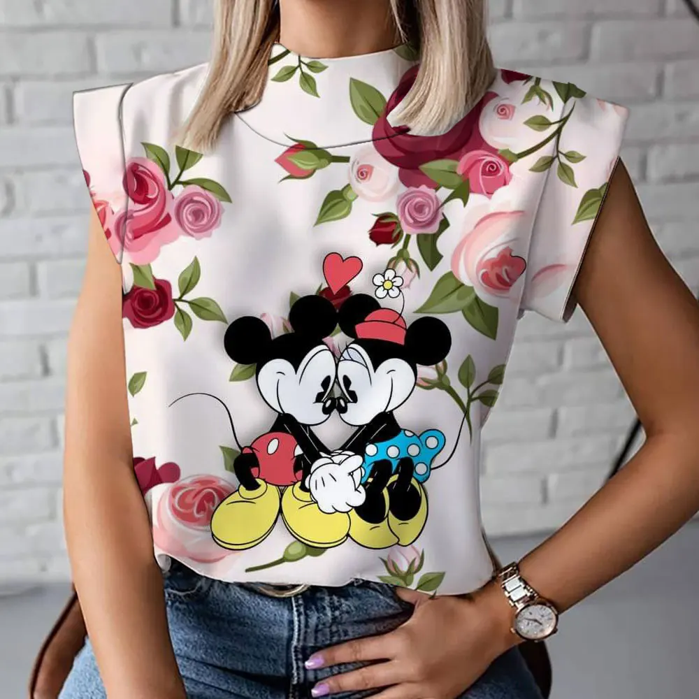 Mickey Minnie cartoon casual short-sleeved women's high-necked T-shirt summer new fashionable and comfortable women's clothing