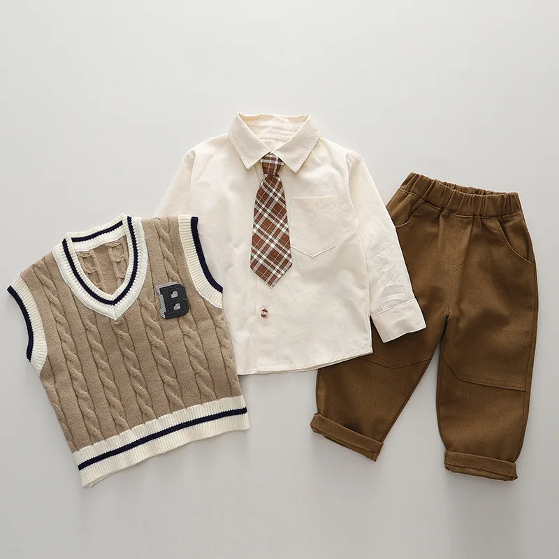 Conjuntos de Uniformes Escolares para Niños, Nuevo Estilo de Otoño, Chaleco Formal de Punto, Corbata, Camisa, Pantalones, Traje de 3 Piezas, Ropa Infantil para la Escuela