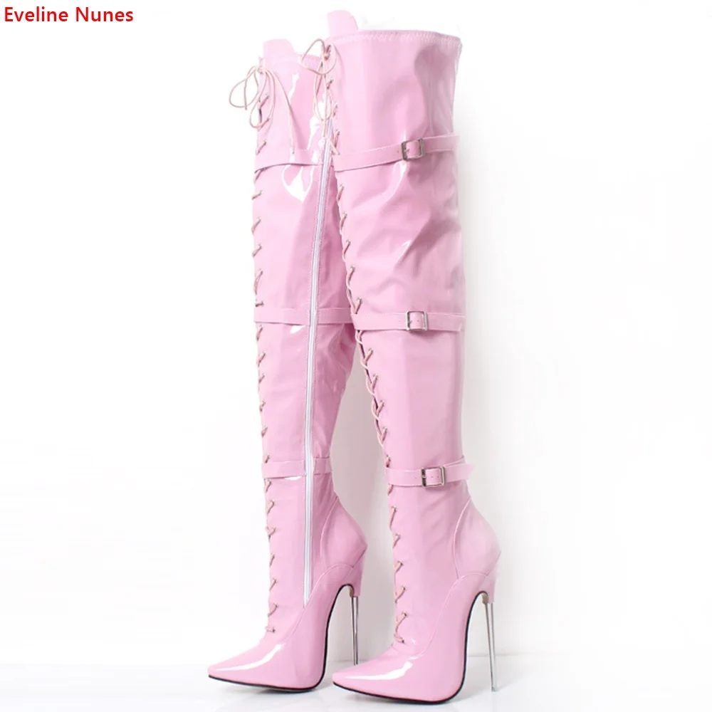 Pink Stiletto Over The Knee Boots New Arrival Women's Pointed Toe 18 Cm Cross Straps Sexy High-quality Street Fashion Shoes