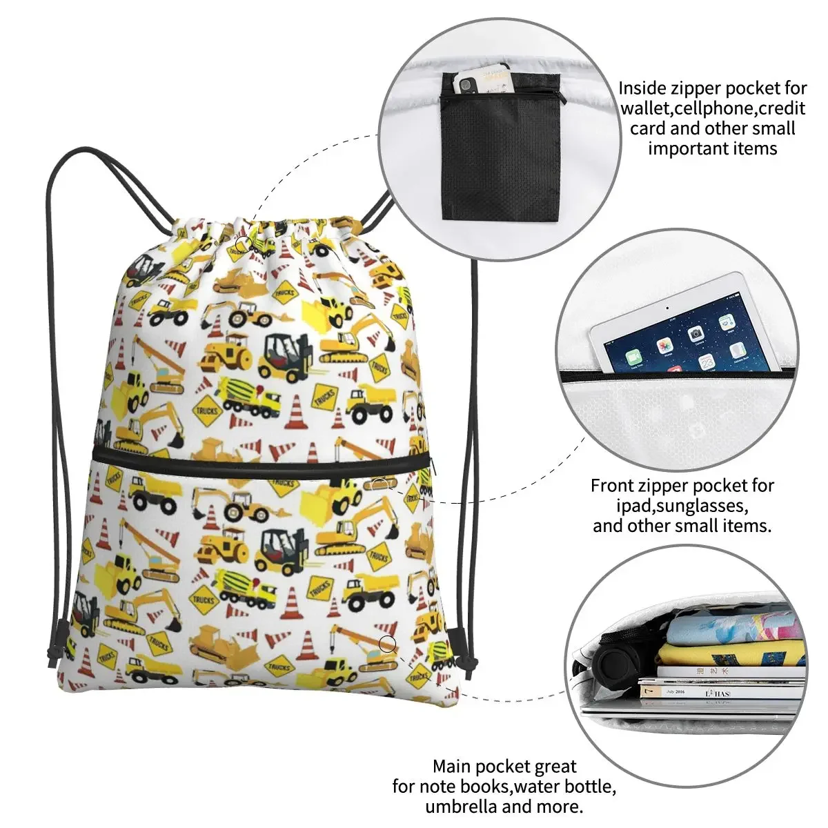 Mochila portátil con patrón de camiones de construcción, bolsa con cordón, paquete de cordón informal, bolsas de artículos diversos para estudiantes escolares