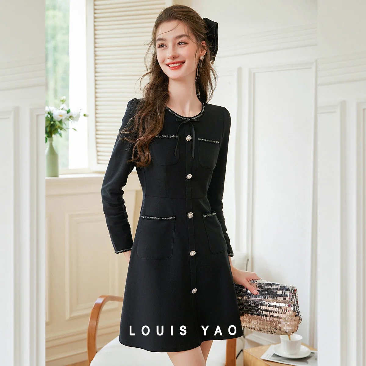 

LOUIS YAO Woven Ribbon Luxury Style Women's Dress Spring Autumn Retro Solid Color Non-Stretch Slim-Fit Long Sleeve Dress