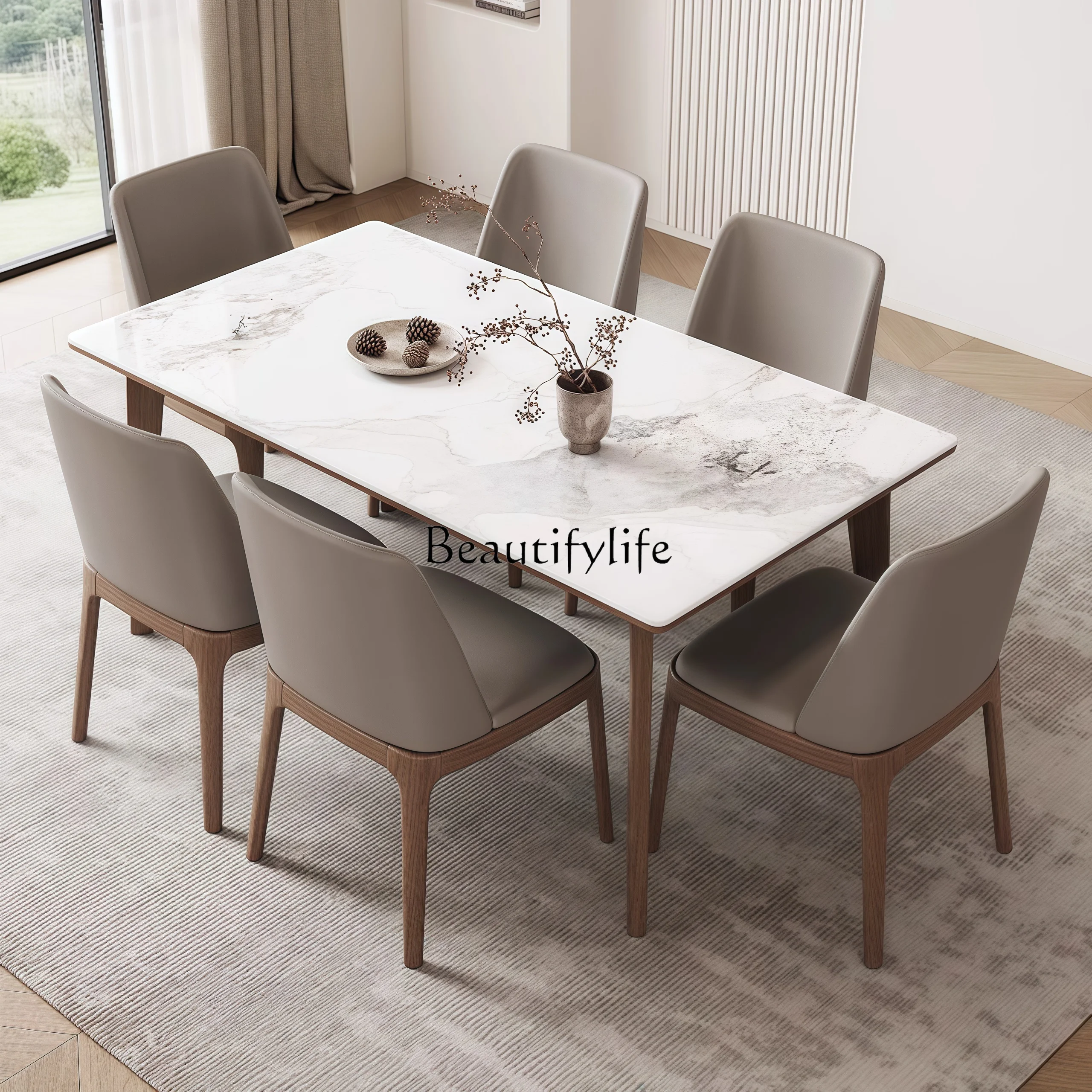 05-Nordic solid wood ash wood slate dining table simple modern walnut full tray baseplate dining table