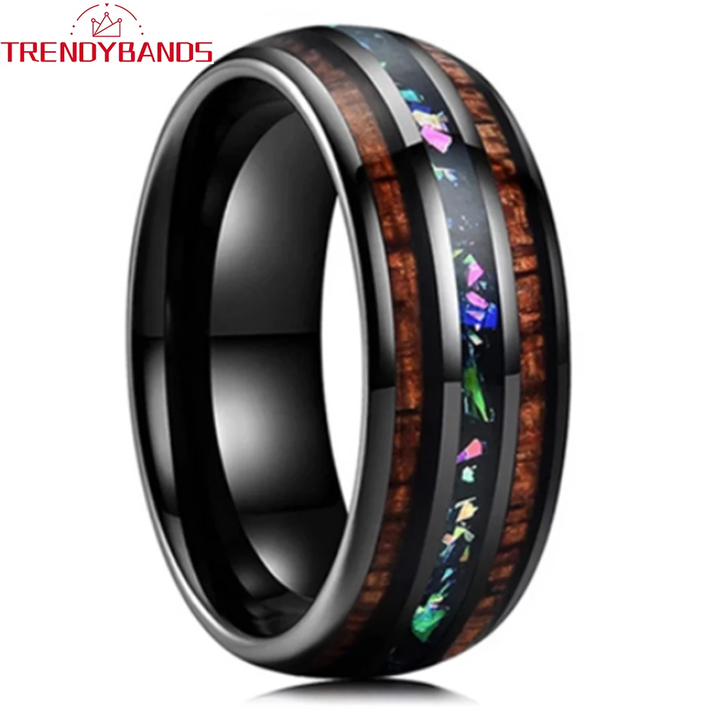 8mm Tungsten Rings Wedding Band for Men Women Black Real Multicolor Opal Chip Koa Wood Inlay Polished Shiny Comfort Fit