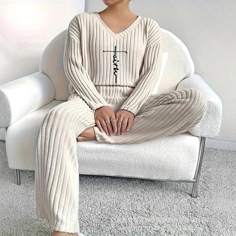 

2025 New White V Neck Ribbed Print Long Sleeve Top Pants Home Wear Set Simple Vertical Stripes