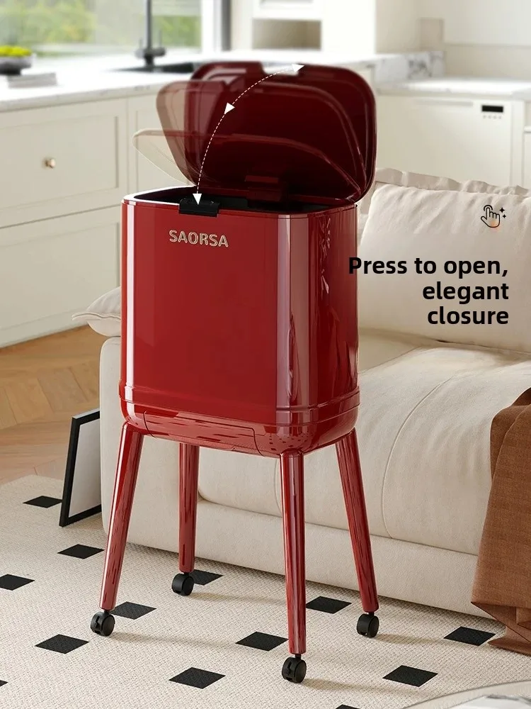 

Ele Kitchen Tra Can with Rolling Wheels High Foot Design No Bending Waist Large Capaci Cover for Living Room Home Use