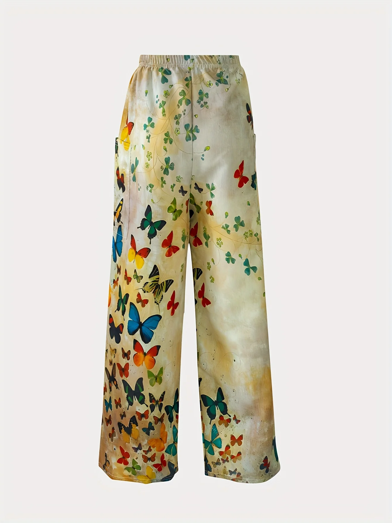 Ladies' Long Pants With Butterfly Print Elastic Waistband Casual Wide Leg Patch Pocket Pants Spring And Summer Women's Clothing