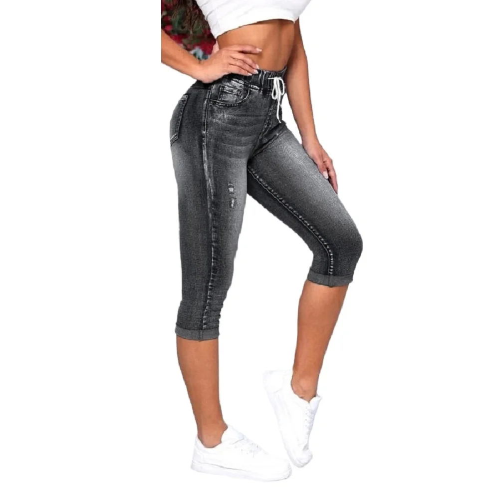 Women Denim Shorts Drawtring Elastic Waist Stretch Jeans Ladies knee Length Ripped Hole Short Jean Pants