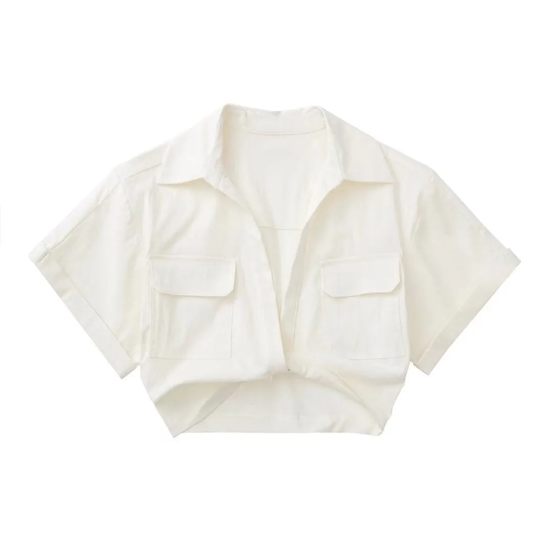 

summer Casual Pockets Patch Knotted Linen Short Smock Blouse Lady Chic Kimono Cropped Shirt Blusas Tops