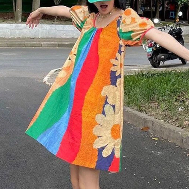 

High end dress for women with a sweet and playful design, printed large U-neck doll skirt women clothing summer dress