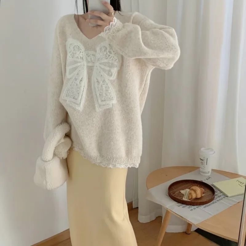 Loce Sweater wanita musim gugur musim dingin, pakaian luar gaya malas Korea, pullover rajut, leher V longgar, pakaian musim gugur dan musim dingin 2025