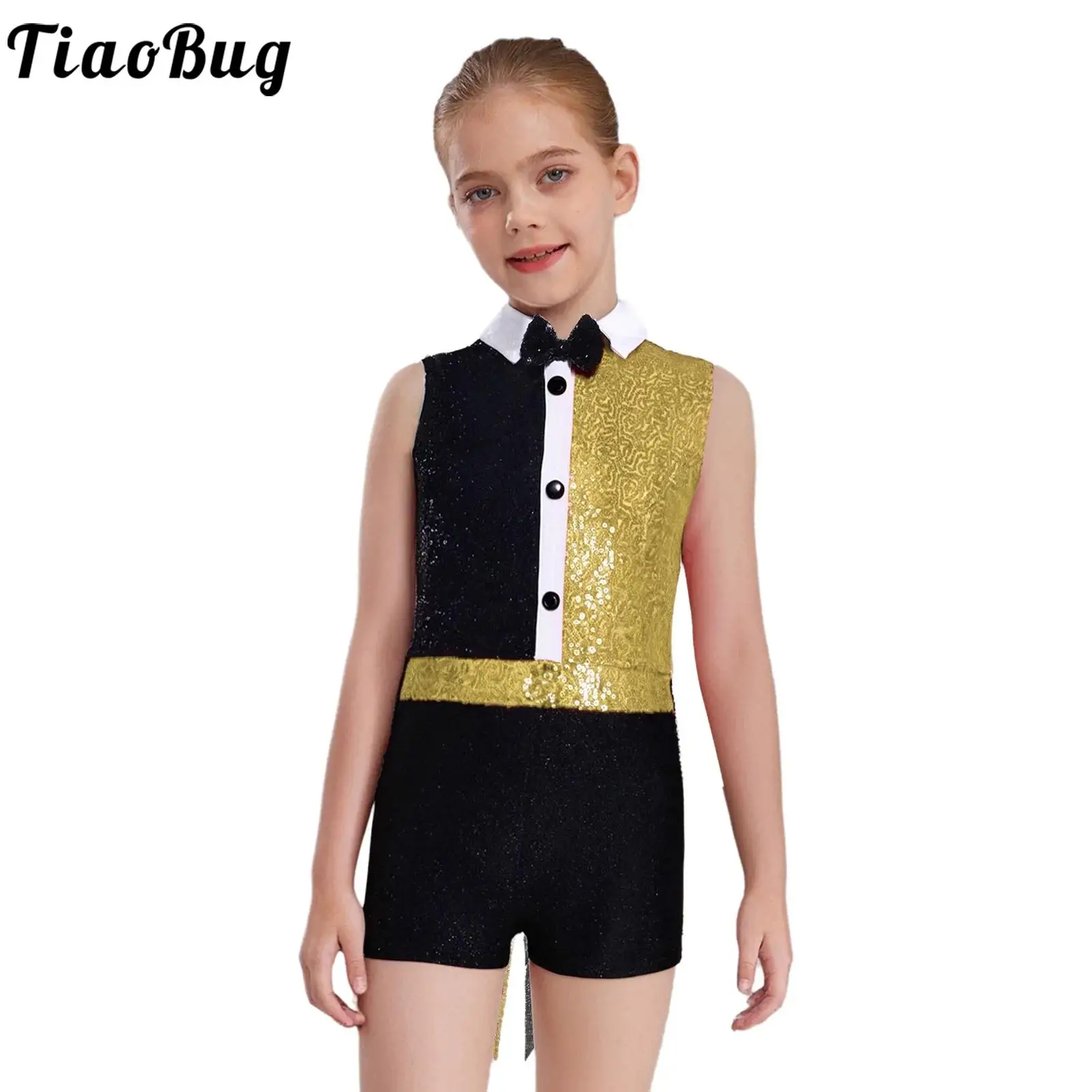 Kids Girls Halloween Circus Ringmaster Magician Lion Tamer Cosplay Costume Carnival Party Fancy Shiny Sequins Bow Tie Jumpsuit