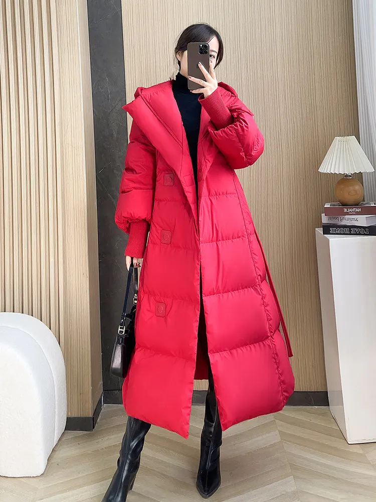 Strap up hooded long style white duck down jacket women winter new fashionable thick warm and elegant versatile down jacket