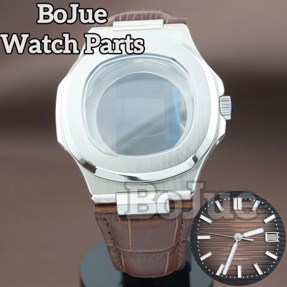 

41MM Silver Watch Case Brown Leather Strap for Mod Nautilus NH35 NH36 NH38 Movement Green Luminous for 30.5mm Watch Dial Hands