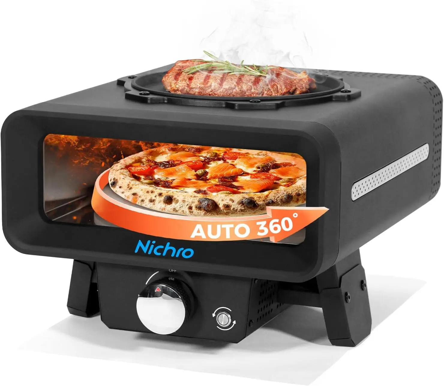 2-In-1 Gas Pizza Oven With Frying & Baking Functions - 12 Inch, Outdoor Pizza Oven With Auto-Rotating Stone And Frying Pan,