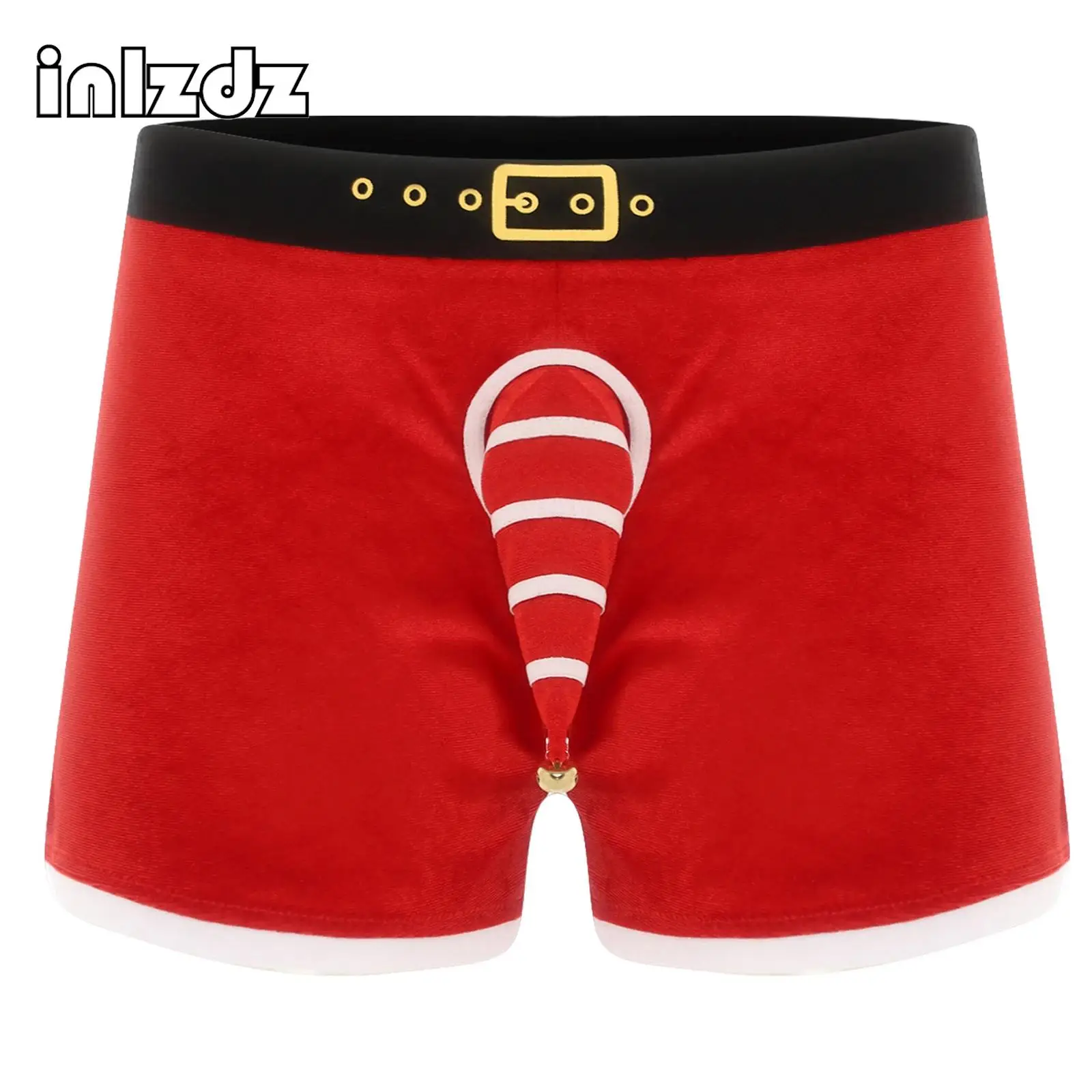 

Men Christmas Santa Claus Boxer Shorts Underwear Striped Sheath with Bell Decor Printed Briefs Lingerie for Cosplay Dating Night